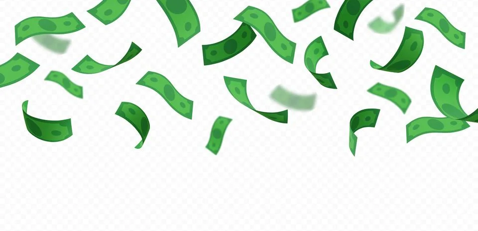 Dollar banknote fall from above, vector throw green paper bills fly, realistic Illustrazione stock