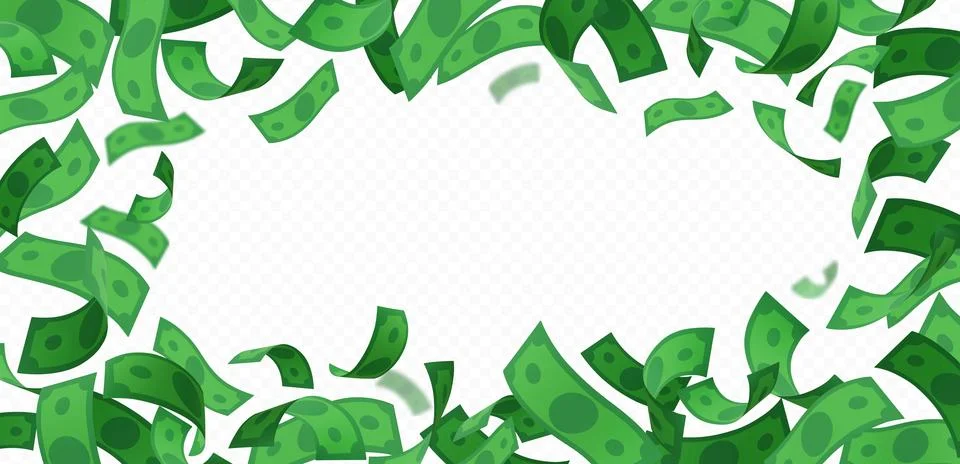Dollar banknote fall vector frame, throw green paper bills flying, money cash Stock Illustration