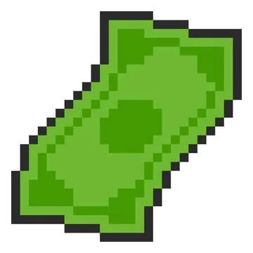 Dollar banknote falling pixel art, 8 bit videogame green paper bill fly, money Stock Illustration