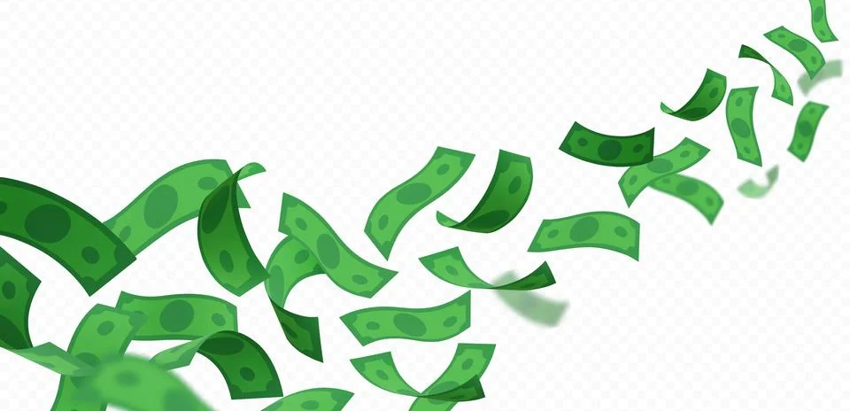 Dollar banknote falling, vector throw green paper bills pile, realistic cartoon Stock Illustration