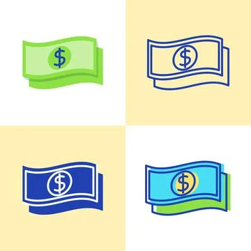 Dollar banknote icon set in flat and line style Illustrazione stock