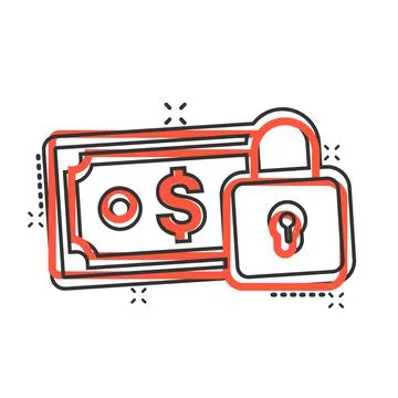 Dollar banknote with lock icon in comic style. Dollar cash safe cartoon vecto Stock Illustration