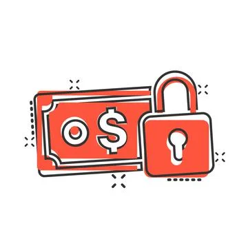 Dollar banknote with lock icon in comic style. Dollar cash safe cartoon vecto Stock Illustration