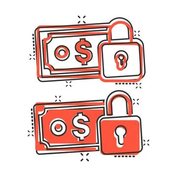 Dollar banknote with lock icon in comic style. Dollar cash safe cartoon vecto Stock Illustration