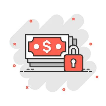 Dollar banknote with lock icon in comic style. Dollar cash safe cartoon vecto Stock Illustration