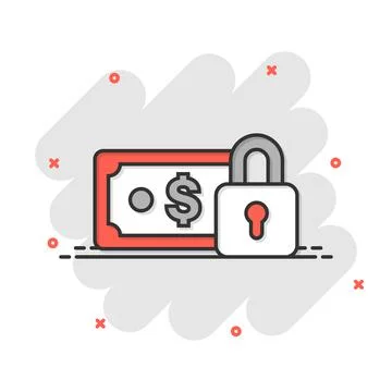 Dollar banknote with lock icon in comic style. Dollar cash safe cartoon vecto Stock Illustration