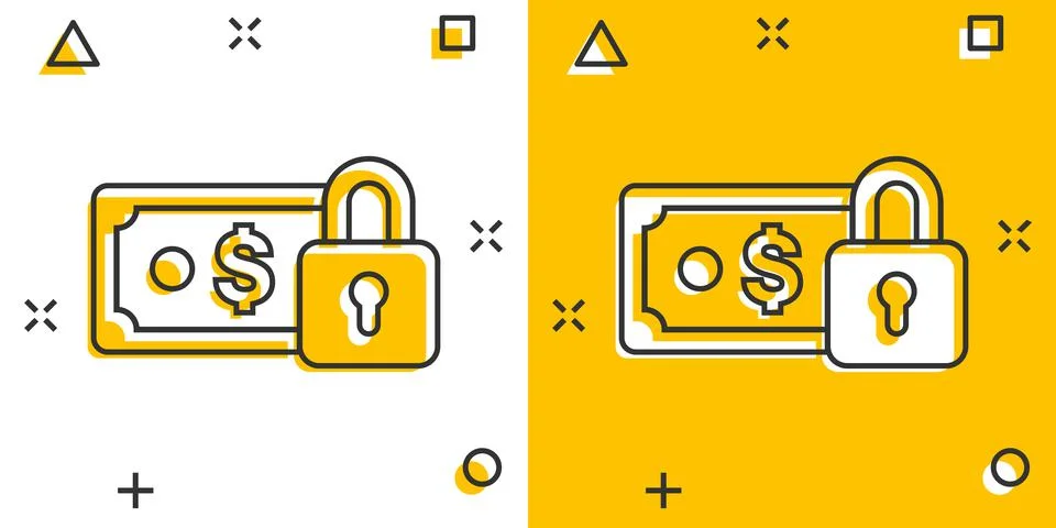 Dollar banknote with lock icon in comic style. Dollar cash safe cartoon vecto Stock Illustration