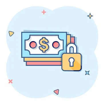 Dollar banknote with lock icon in comic style. Dollar cash safe cartoon vecto Illustrazione stock