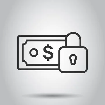 Dollar banknote with lock icon in flat style. Dollar cash safe vector illustr Stock Illustration