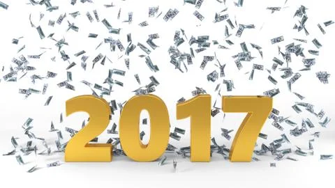 Dollar banknote rain over 2017 text. 3d illustration. Stock Illustration