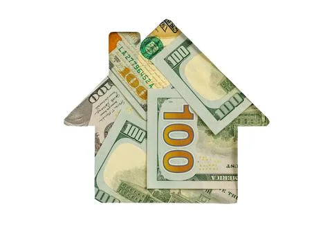 Dollar banknote in shape of house on white background. Concept of Investment  Stock Photos