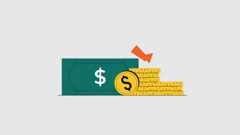 Dollar Banknotes and Coins with Down Arrow Animation Video - Transparent Stock-Footage 325276538