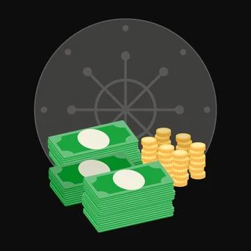 Dollar banknotes and a stack of gold coins in a safe. Inside view. Money sa.. Stock Illustration