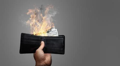 Dollar banknotes burning in flames and smoke showing inflation and money loss 库存照片