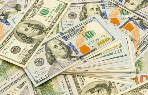 Dollar banknotes close-up top view. Stock Photos