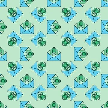 Dollar Banknotes in Envelope vector colored seamless pattern 스톡 일러스트