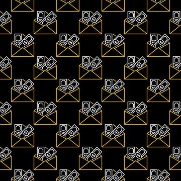 Dollar Banknotes in Envelope vector Money dark line seamless pattern Illustrazione stock