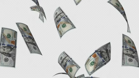 Dollar banknotes falling on transparent background. Rain with One hundred USD Stock-Footage 329867264