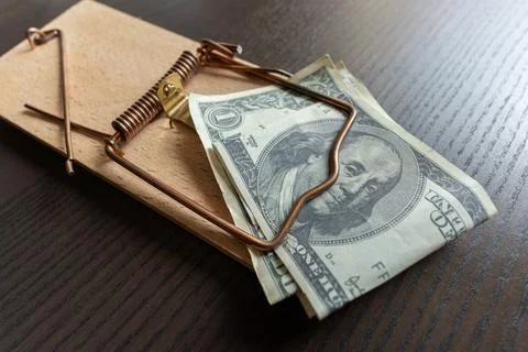 Dollar banknotes in a mouse trap as a bait. Money, finance and scam concept. Stock-Fotos