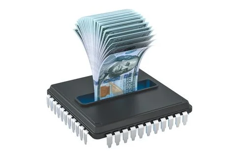 Dollar banknotes rising from computer chip symbolizing technology cost, dig.. Illustrazione stock