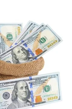 Dollar banknotes in a sack  isolated Stock Photos