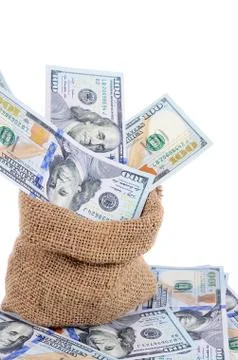 Dollar banknotes in a sack  isolated Foto stock