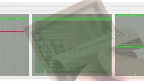 Dollar bill appearing, terminal interface fading, hand fanning bills revealing Stock Footage 317799532