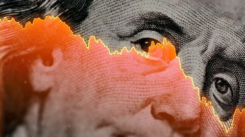 Dollar bill with a declining graph line shows changes in currency value Stock Photos