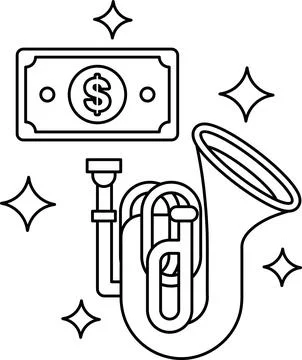 A dollar bill is next to a tuba Stock Illustration