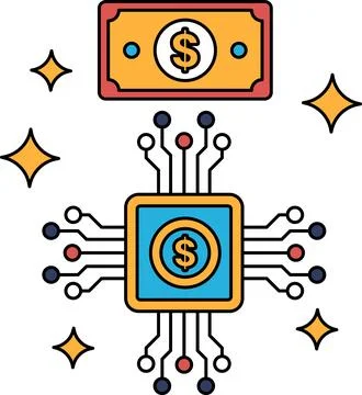 A dollar bill is shown next to a computer chip 스톡 일러스트