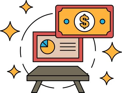 A dollar bill is shown with a pie chart on a table Stock Illustration