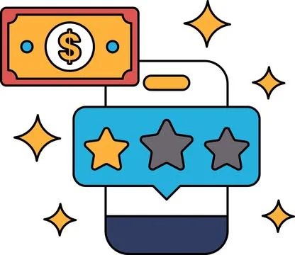 A dollar bill is on top of a cell phone with three stars Stock Illustration
