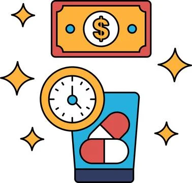 A dollar bill is on top of a clock and a glass of pills 스톡 일러스트