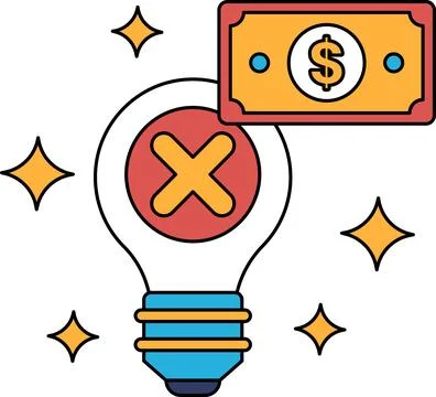 A dollar bill is on top of a light bulb with an X through it Stock Illustration