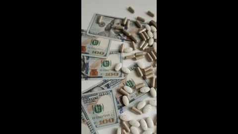 Dollar bills and various pills and capsules closeup video.  Stock Footage 318897280