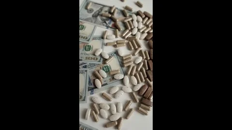 Dollar bills and various pills and capsules closeup video.  Stock Footage 318897557