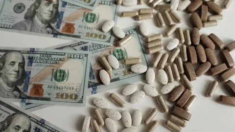 Dollar bills and various pills and capsules closeup video.  Stock Footage 318897573