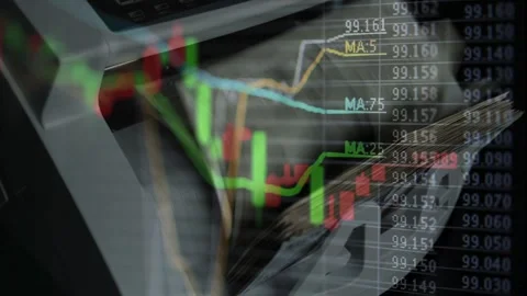 Dollar Bills in Counting Machine with Green Rising Stock Graph Stock Footage 336757574