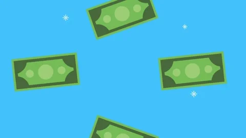 Dollar bills falling animated motion background with blue sky and snowflake.. Stock Footage 334540460