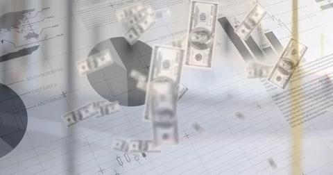 Dollar bills falling down with graphs and statistics running in the background Foto stock