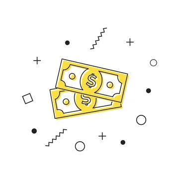 Dollar bills icon vector. Yellow dollar icon with geometric shapes on white Stock Illustration