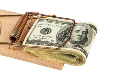 Dollar bills in mouse trap 스톡 사진