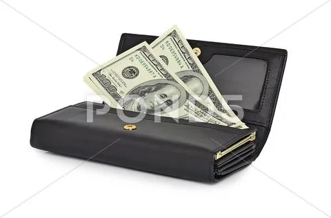 Dollar bills one hundred dollars in a black purse. isolated on a white backgr Stock Photos