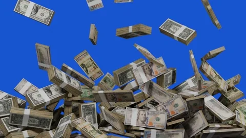 Dollar bills raining down with smooth blue screen transition Stock Footage 303485470
