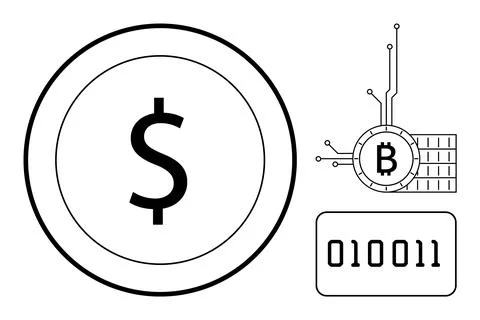 Dollar, Bitcoin, Binary Code Symbols in Digital Finance Concept Stock Illustration