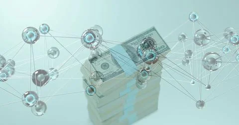 Dollar bundles sitting centered, data pulse initiating network nodes and lines 스톡 사진