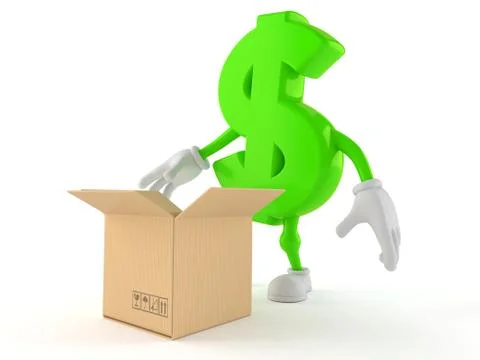 Dollar character with open cardboard box 库存插图