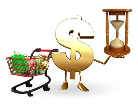 Dollar character with sand clock and trolley Stock Illustration