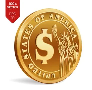Dollar coin. 3D isometric Physical golden coin with Dollar symbol and with th Stock Illustration