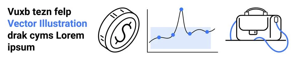 Dollar coin, analytics chart with blue data points, and a briefcase symbolize Stock Illustration